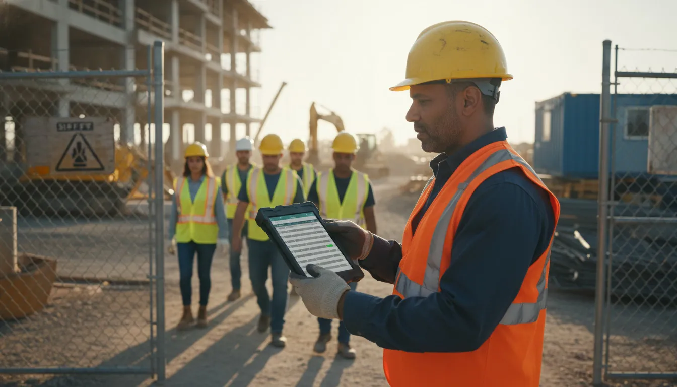 Construction foreman verifying worker attendance with tablet at job site entrance