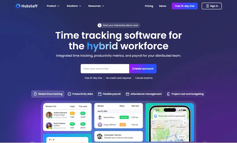 Hubstaff time tracking software for remote teams homepage