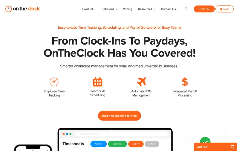 OnTheClock time tracking software homepage